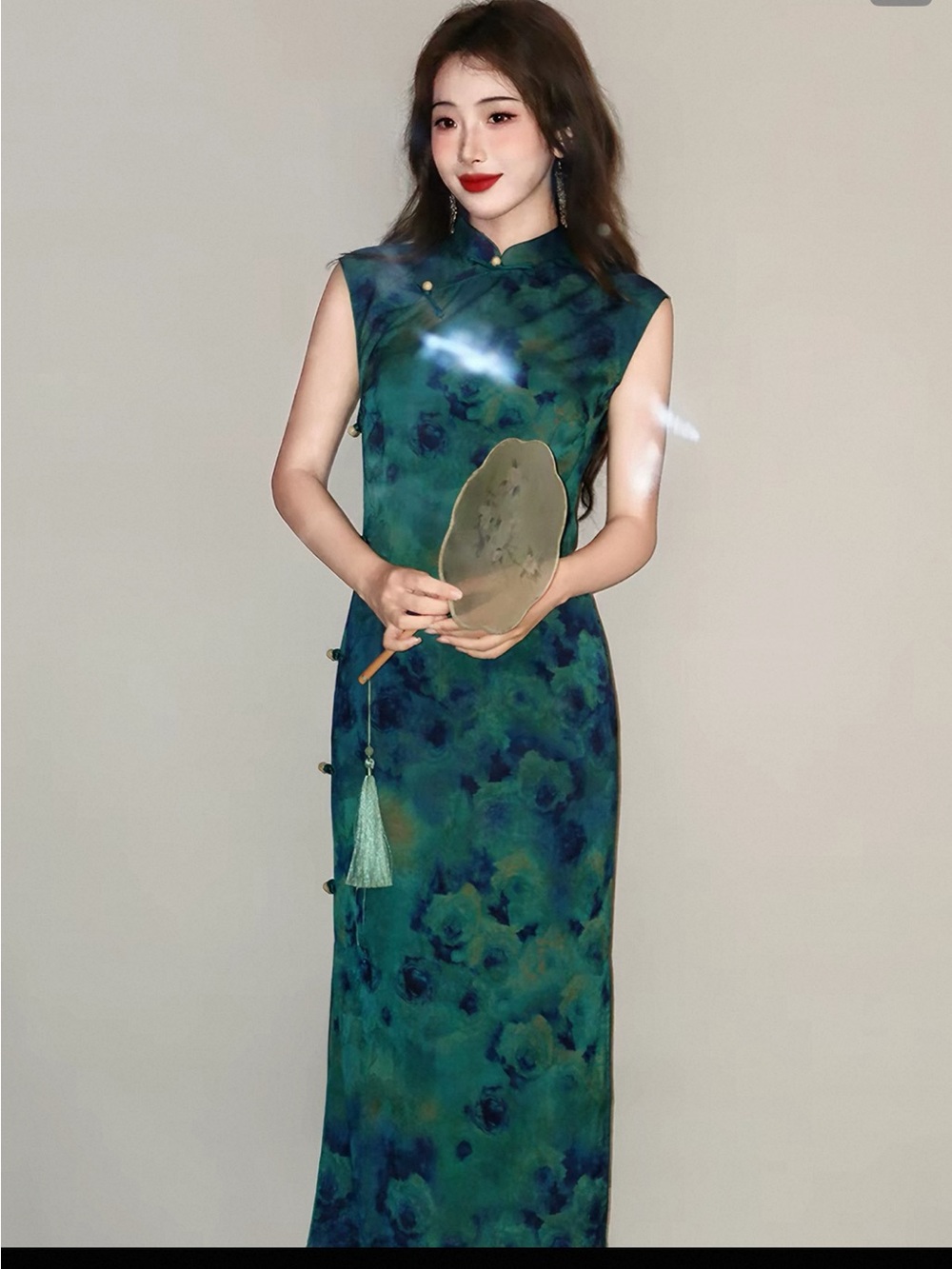 Teal Blue Floral Qipao Cheongsam Dress Mandarin Collar Pearl Frog Buttons